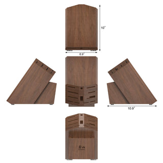 
                    
                      Empty angled acacia wood knife block with 16 slots, shown from multiple angles with dimensions.
                    
                  