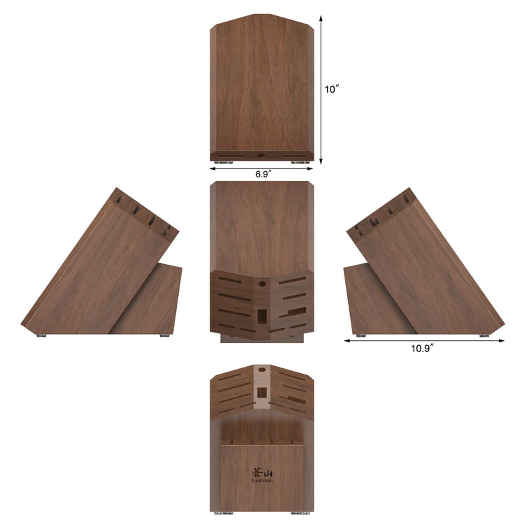Empty angled acacia wood knife block with 16 slots, shown from multiple angles with dimensions.
