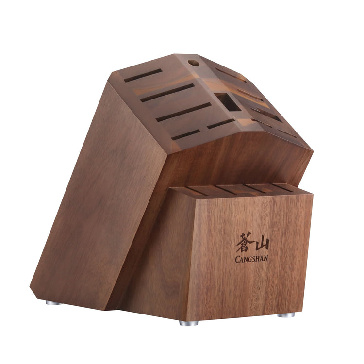 Empty angled wooden knife block with 16 slots and a smaller attached block for accessories.