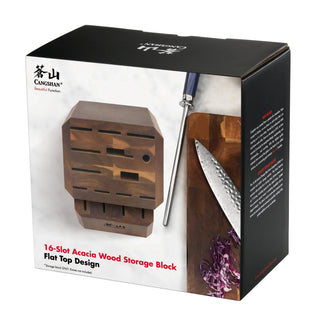 
                    
                      16-slot acacia wood knife block with flat top design shown on product packaging box.
                    
                  