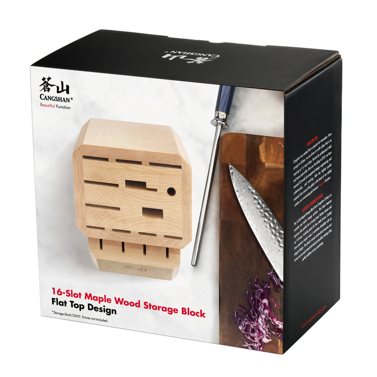 16-slot maple wood knife block with flat top design shown next to a sharpening rod and a knife on a cutting board.