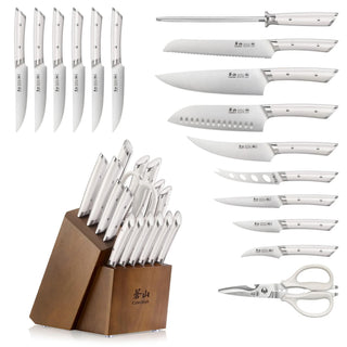 
                    
                      17-piece knife set with various blade types, kitchen shears, and acacia wood block, all with white handles.
                    
                  