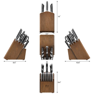 
                    
                      Wooden knife block with 17 knives and kitchen tools, shown from multiple angles with dimensions.
                    
                  