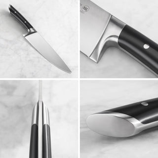 
                    
                      Chef's knife with black handle and stainless steel blade shown from multiple angles on a light surface.
                    
                  