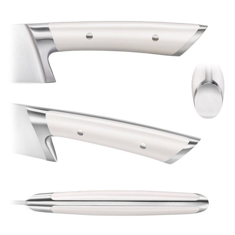 White ergonomic knife handle with metal bolsters and rivets shown from four angles including side, top, and end views.