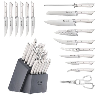 
                    
                      17-piece knife set with white handles, including various knives, kitchen shears, and a black angled wood block.
                    
                  