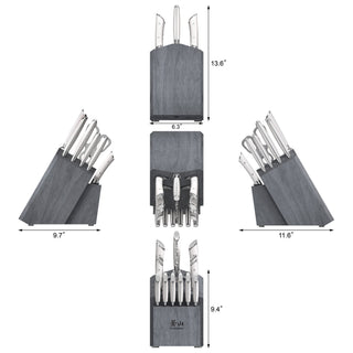 
                    
                      Wooden knife block with seven stainless steel knives, shown from five angles with dimensions.
                    
                  