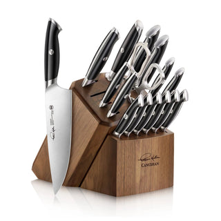 
                    
                      17-piece knife block set with black-handled forged knives, shears, and chef knife in a wooden block.
                    
                  