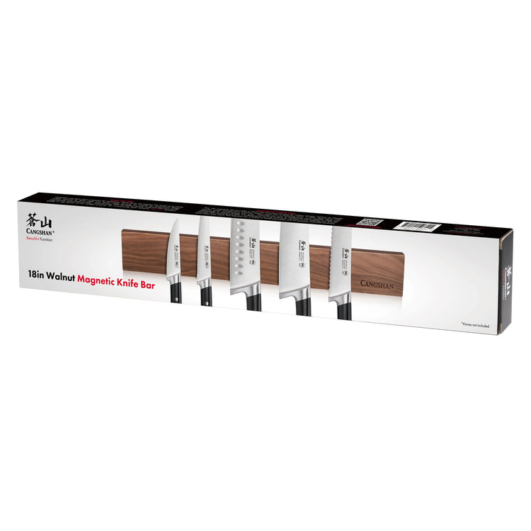 Packaging box showing an 18-inch walnut magnetic knife bar holding five kitchen knives.