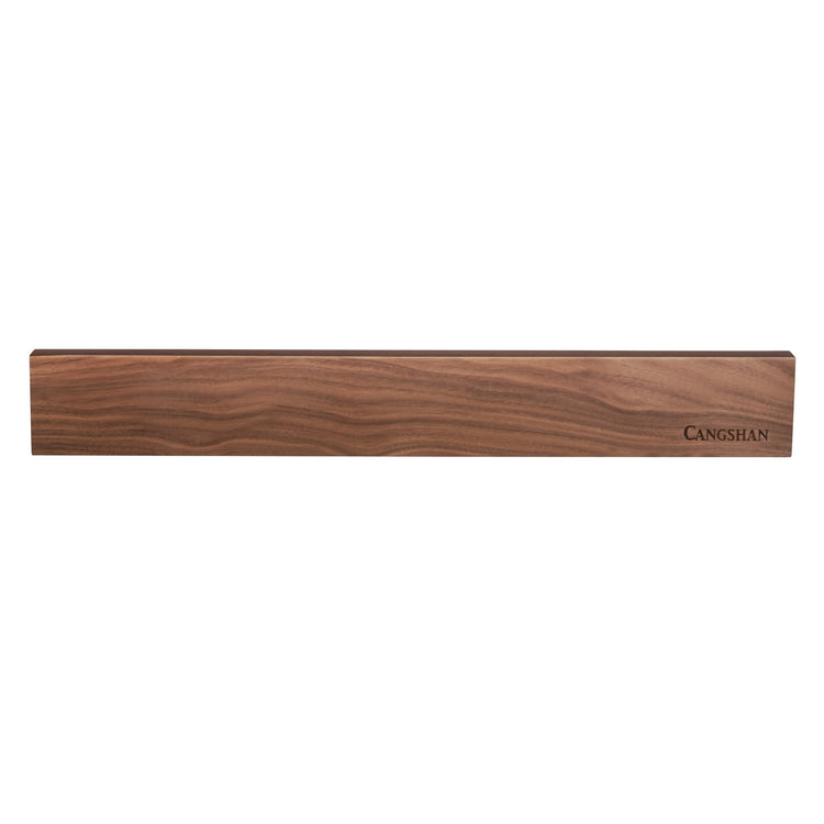 Walnut-finished 18-inch magnetic knife bar with subtle wood grain and brand name on the right end.