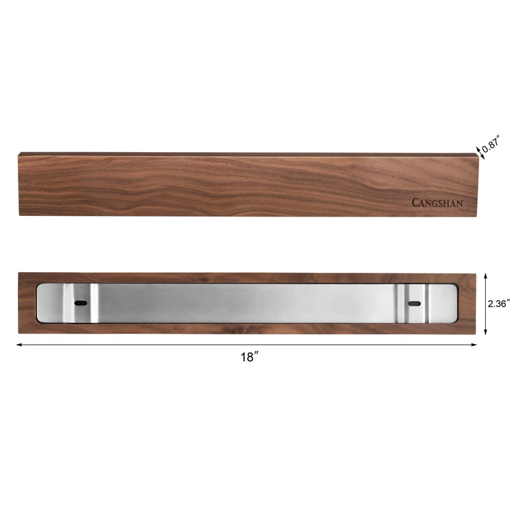 Walnut magnetic knife bar measuring 18 by 2.36 inches with metal mounting bracket on back.
