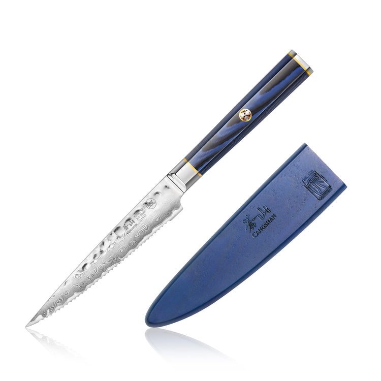 5-inch serrated utility knife with blue patterned handle and matching blue sheath.