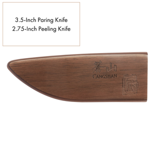 
                    
                      Walnut magnetic knife sheath with engraved logo, designed for 3.5-inch paring and 2.75-inch peeling knives.
                    
                  