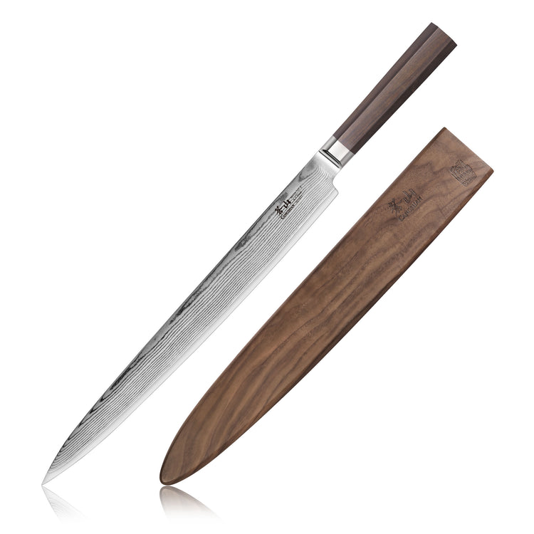 MAYA Series 12-Inch Sashimi Knife with an X-7 Damascus steel blade, dark wood handle, and matching wooden sheath.
