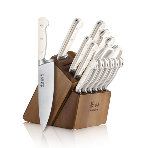 15-piece knife set with white handles in a wooden block, including chef, paring, and utility knives.