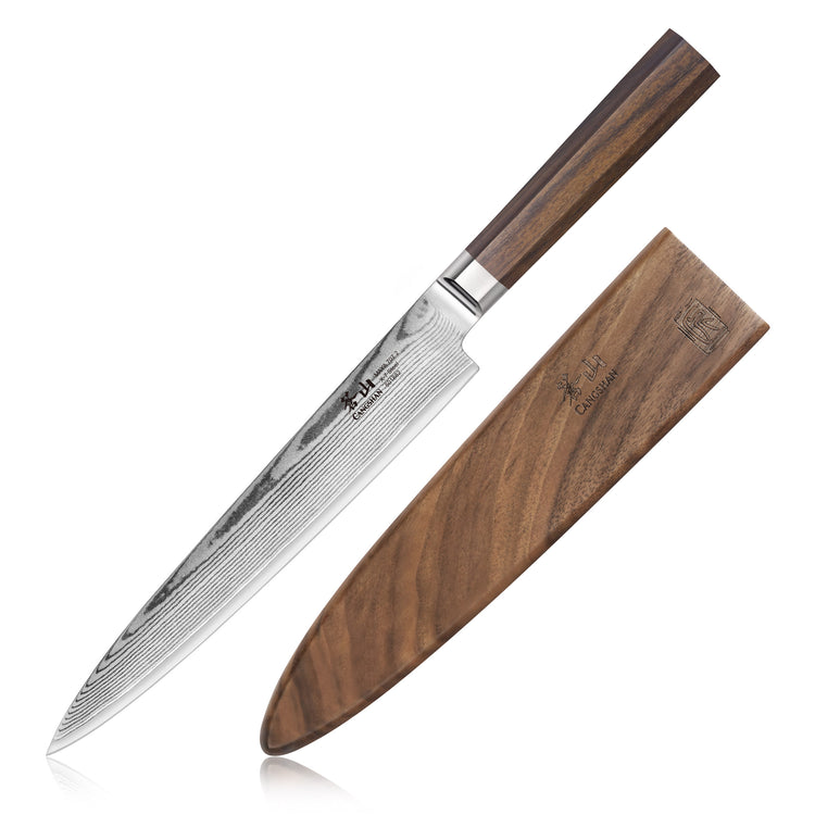 MAYA Series 8-Inch Sashimi Knife X-7 Damascus Steel with a dark wood handle and matching wooden sheath.