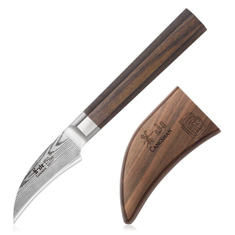 MAYA Series 2.75-inch Damascus steel peeling knife with dark African blackwood handle and matching wooden sheath.