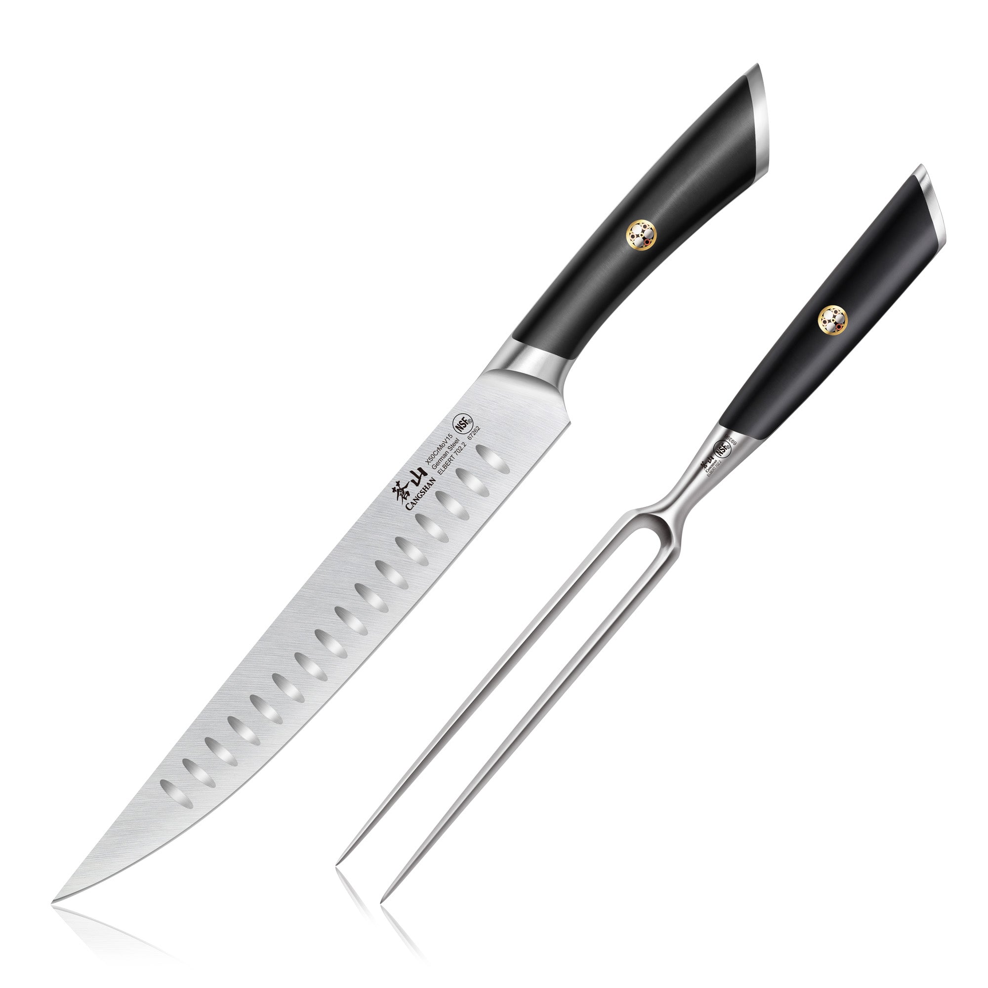 Two-piece carving set with a long serrated knife and a two-prong fork, both with black handles and metal accents.