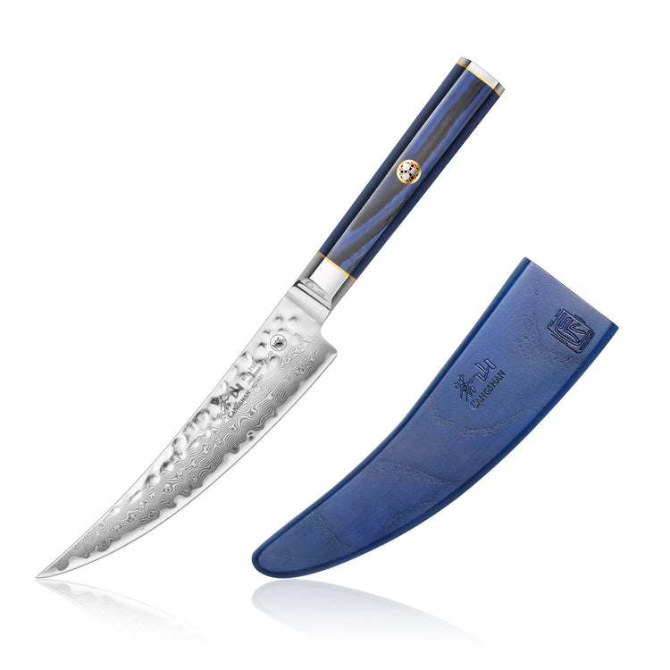 6-inch boning knife with patterned Damascus steel blade and blue handle, next to a matching blue sheath.