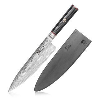 
                    
                      8-inch chef knife with patterned Damascus steel blade and black handle, next to a black protective sheath.
                    
                  