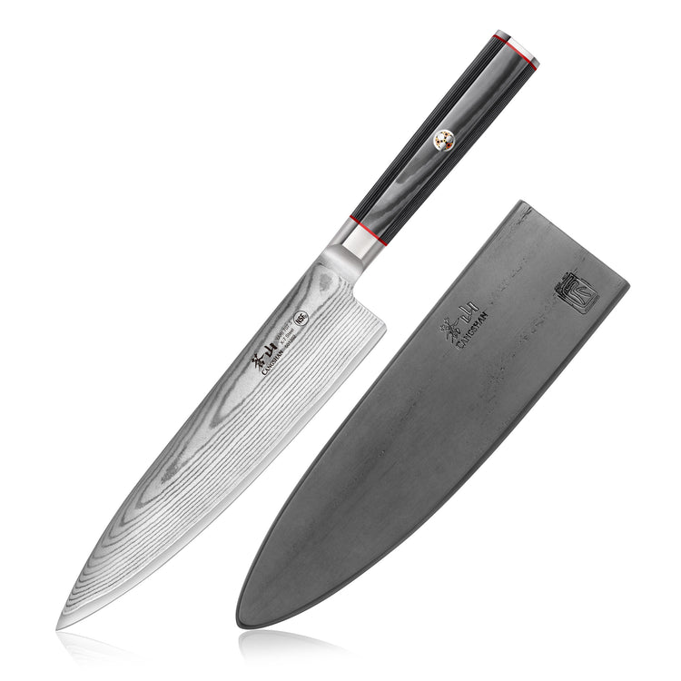 8-inch chef knife with patterned Damascus steel blade and black handle, next to a black protective sheath.