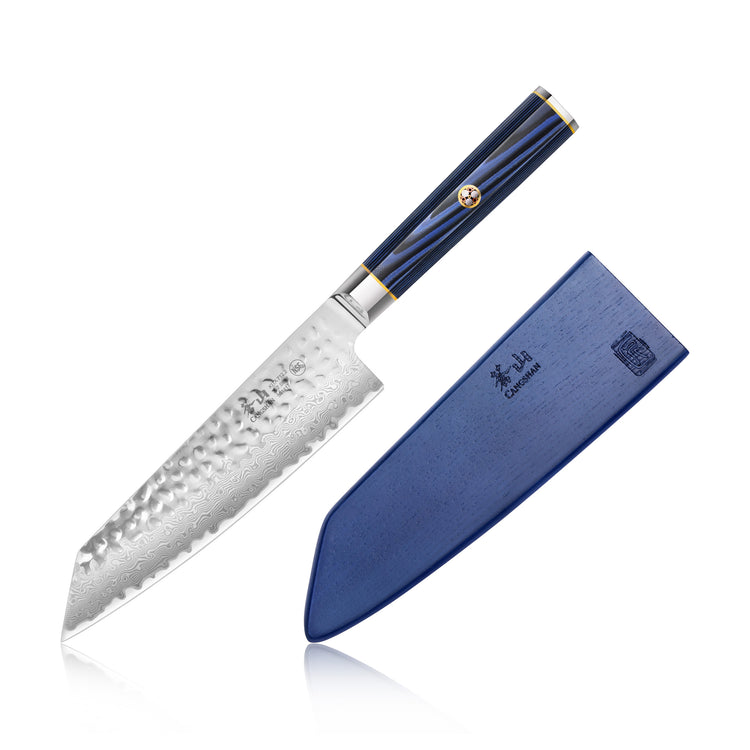 7-inch Kiritsuke knife with hammered Damascus steel blade and blue handle, next to matching blue sheath.