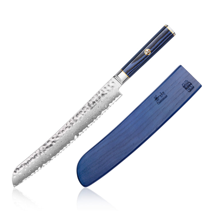 9-inch serrated bread knife with hammered Damascus steel blade and blue handle, alongside matching blue sheath.