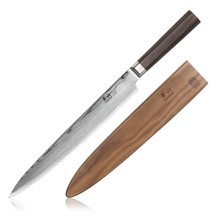 MAYA Series 10-Inch Sashimi Knife X-7 Damascus Steel with dark wood handle and matching wooden sheath.