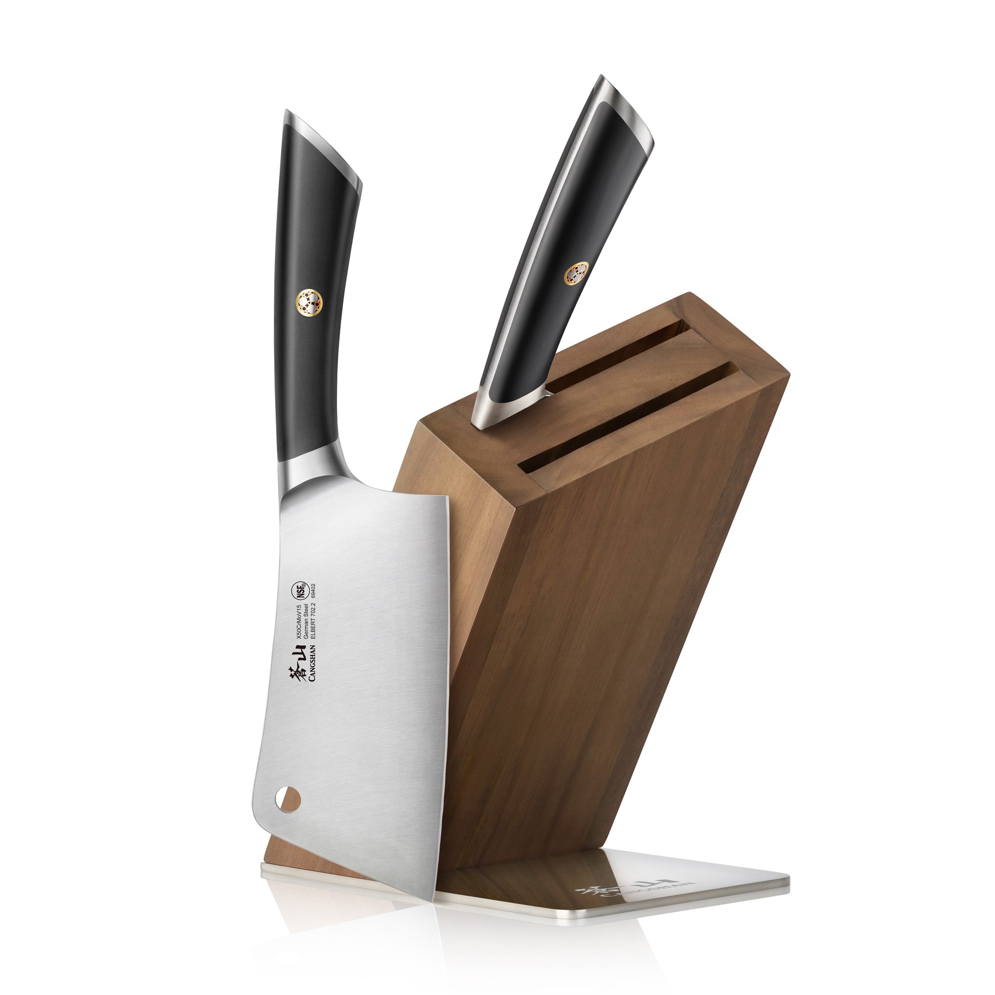 Two cleaver knives with black handles, one inserted and one resting against a wooden knife block with metal base.