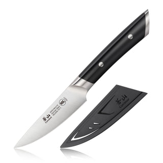 
                    
                      3.5-inch paring knife with black handle and stainless steel blade, shown with a black protective sheath.
                    
                  