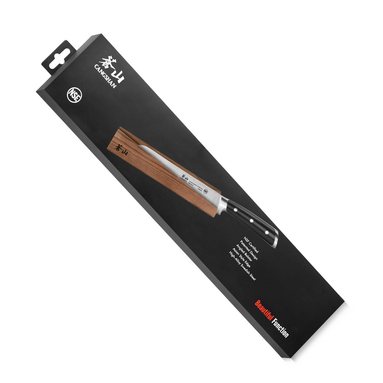 TS Series 8-inch bread knife with a wooden sheath, featuring a full tang and black handle, displayed in black packaging.