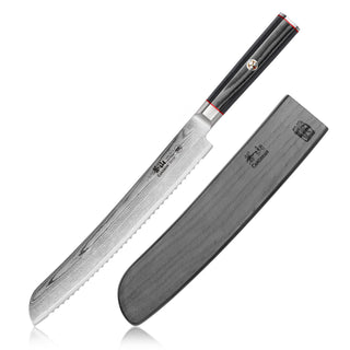 
                    
                      9-inch serrated bread knife with patterned Damascus steel blade and black sheath with logo.
                    
                  
