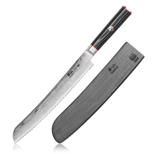 9-inch serrated bread knife with patterned Damascus steel blade and black sheath with logo.