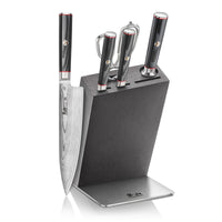 Six-piece knife block set with four knives and two kitchen tools in a black wooden block with stainless steel base.