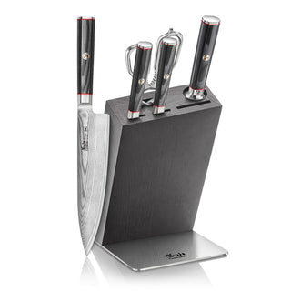 
                    
                      Six-piece knife block set with four knives and two kitchen tools in a black wooden block with stainless steel base.
                    
                  