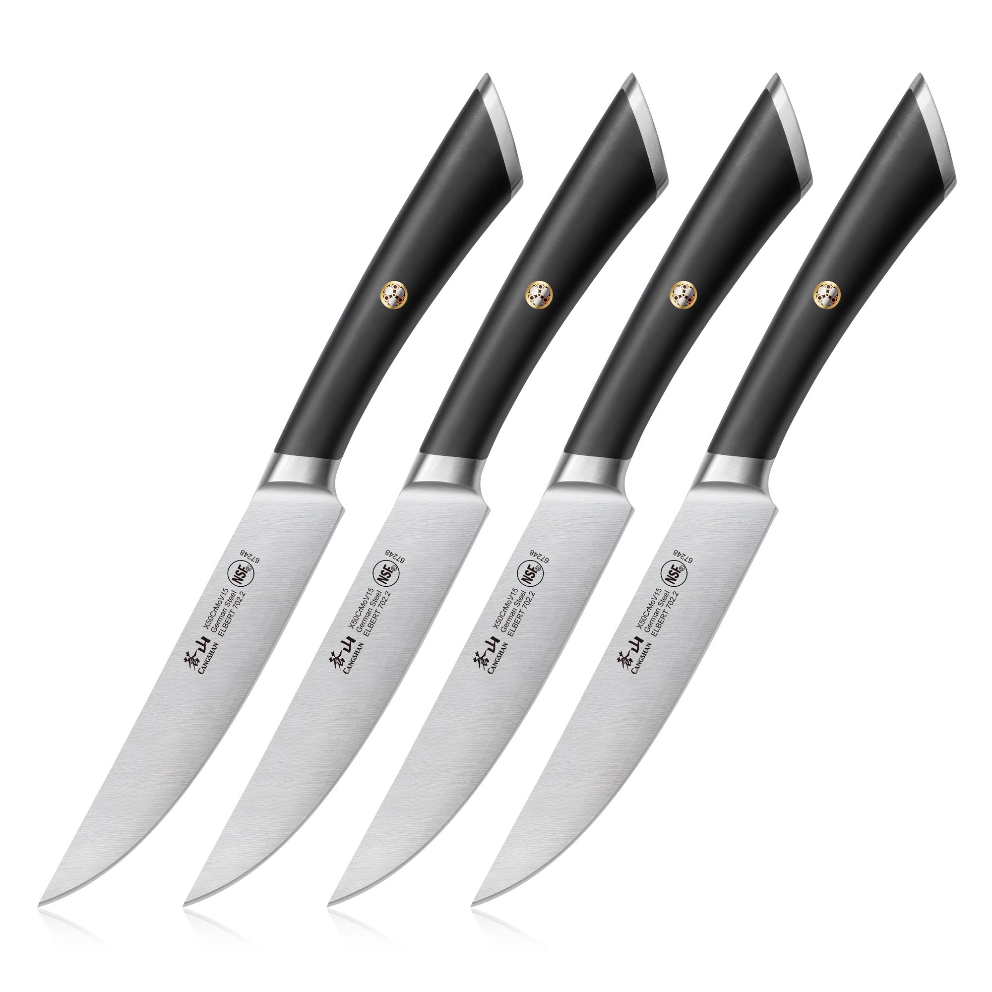 Four steak knives with black handles and stainless steel blades arranged in a row.