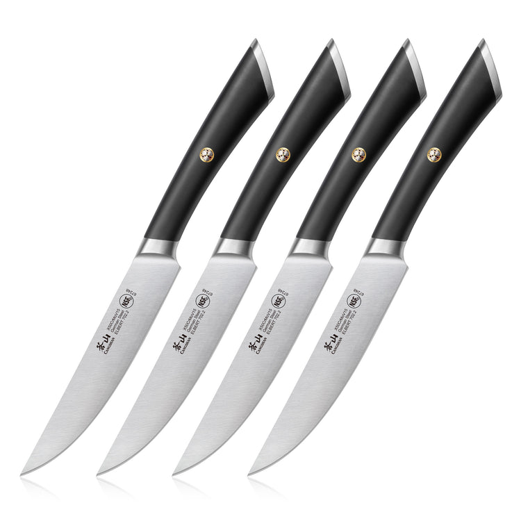 Four steak knives with black handles and stainless steel blades arranged in a row.