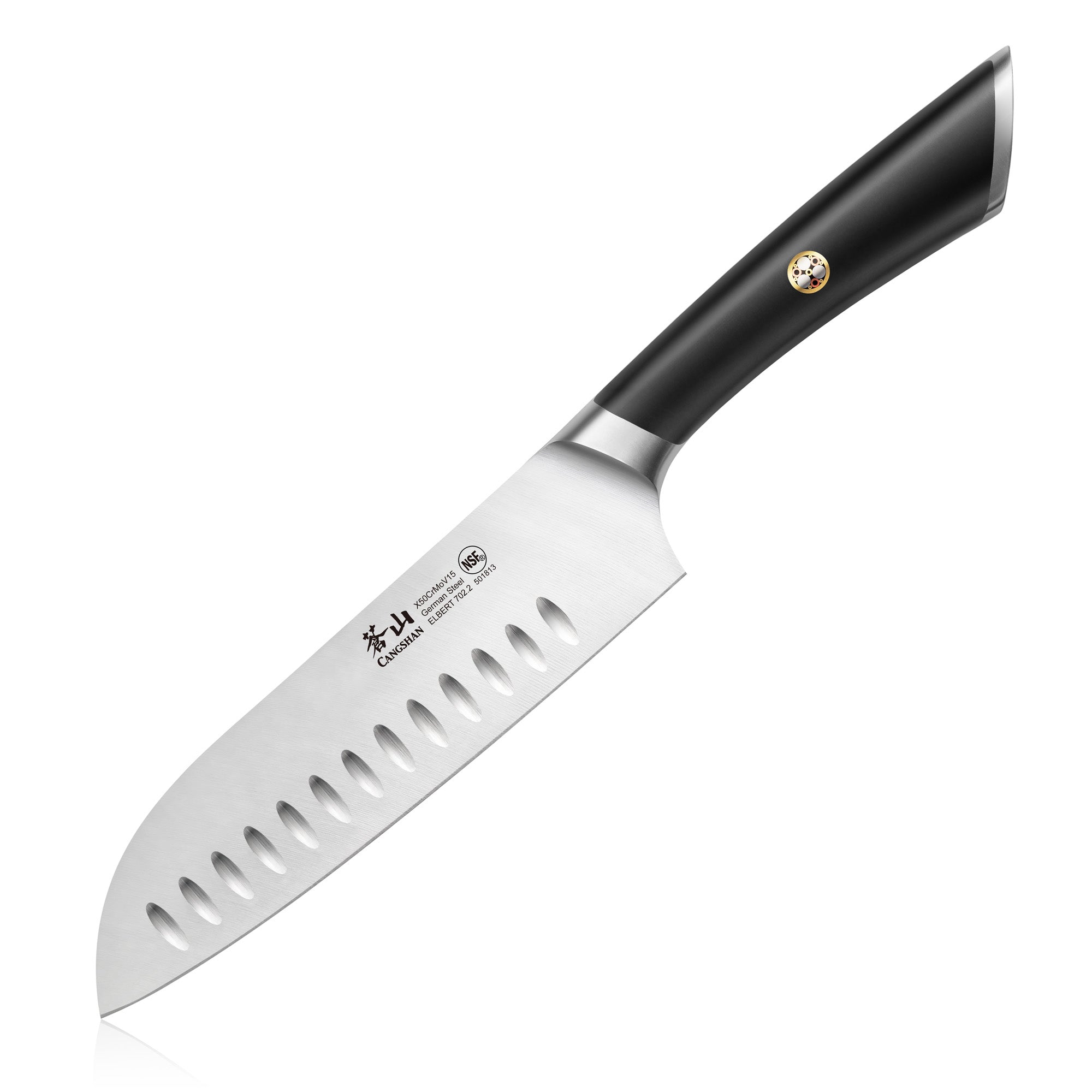 7-inch Santoku knife with a black ergonomic handle and a stainless steel blade featuring oval indentations.