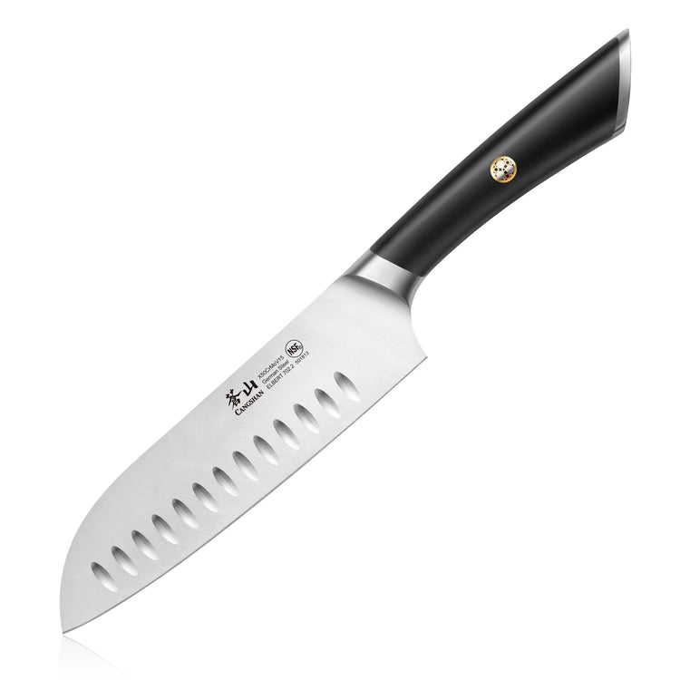 7-inch Santoku knife with a black ergonomic handle and a stainless steel blade featuring oval indentations.