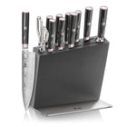 Knife block set with eight knives, kitchen shears, and sharpening rod in a black wooden block with metal base.