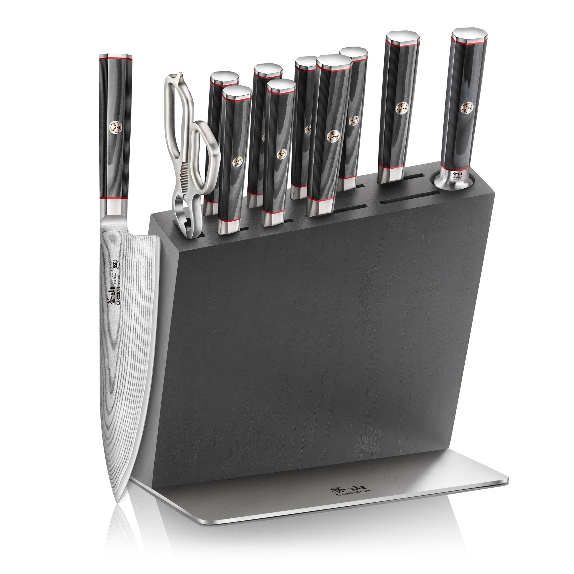 Knife block set with eight knives, kitchen shears, and sharpening rod in a black wooden block with metal base.