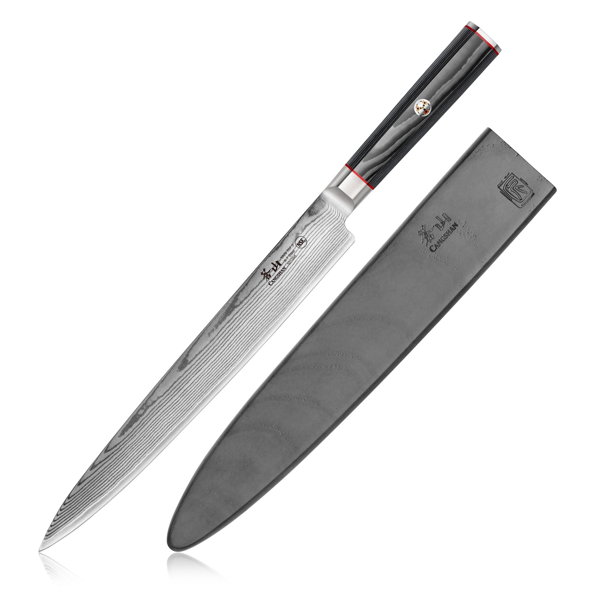 10-inch sashimi knife with patterned Damascus steel blade and black handle, shown with black protective sheath.