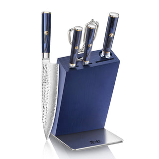 
                    
                      Knife block set with four knives and a peeler, featuring blue handles and hammered steel blades.
                    
                  