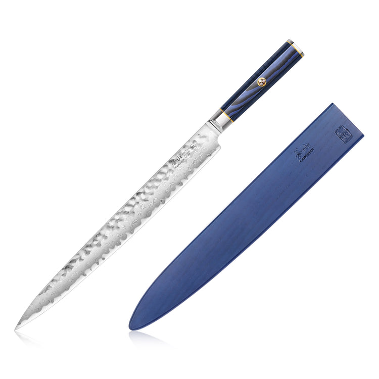 12-inch sashimi knife with patterned blade and blue handle, alongside matching blue sheath.
