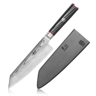 
                    
                      7-inch Kiritsuke knife with patterned Damascus steel blade and black sheath with embossed logo.
                    
                  