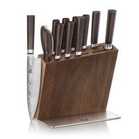 MAYA Series 12-piece knife block set in a walnut block with dark wood handles and a Damascus steel blade.