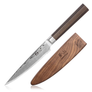 
                    
                      MAYA Series 5-Inch Serrated Utility Knife in X-7 Damascus Steel with a dark wood handle and matching sheath.
                    
                  