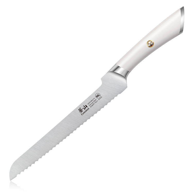 8-inch offset bread knife with serrated blade and white ergonomic handle, forged German steel.