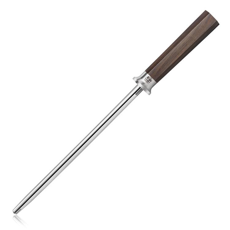 9-inch metal honing steel with a dark wooden handle and a polished steel guard.