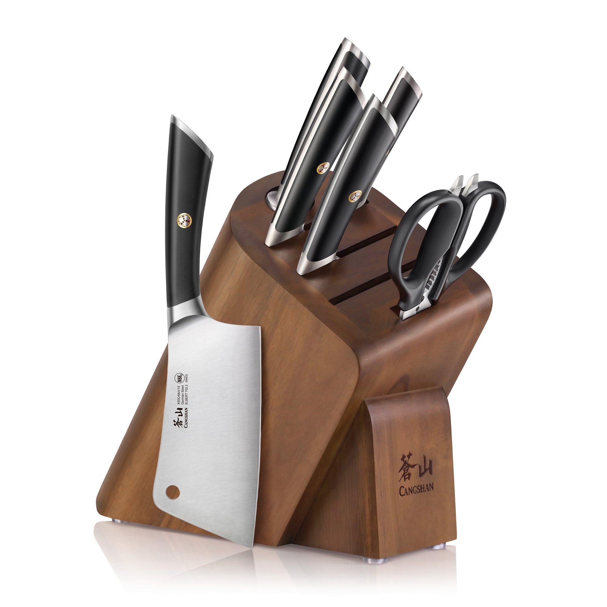 Wooden knife block holding three knives, a cleaver, and kitchen scissors with black handles.